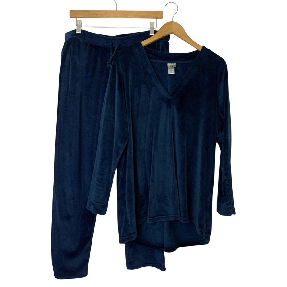 Natori Women’s Velour Lounge Pants Set Size L Blue Long Sleeve Drawstring Waist